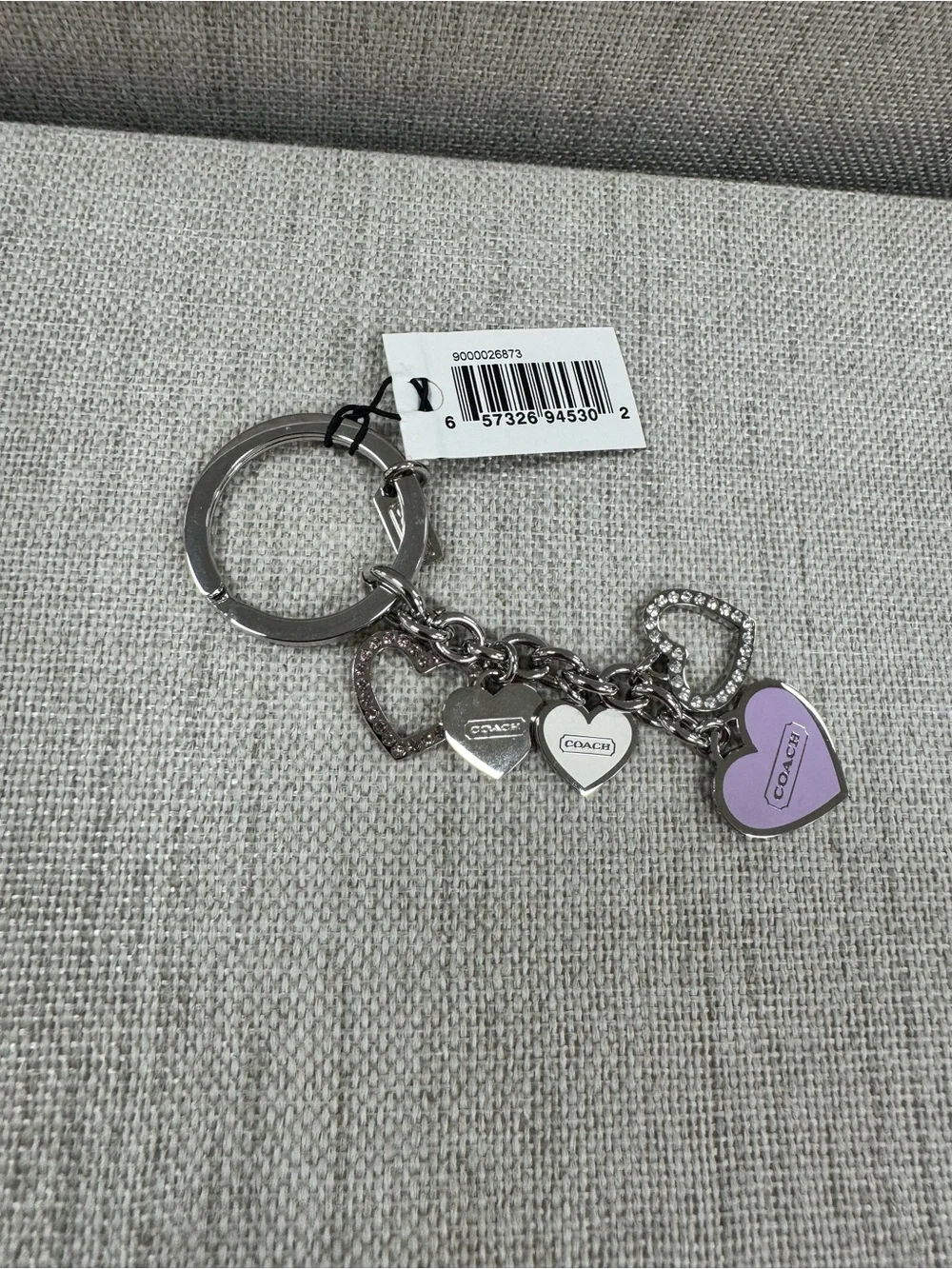 Coach Silver-tone Keychain with Lavender Heart Charm